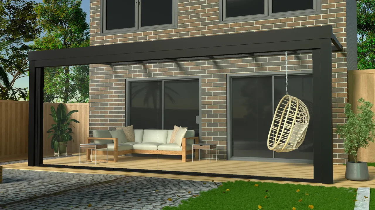 Fotorealistische render van een veranda met glazen schuifwand